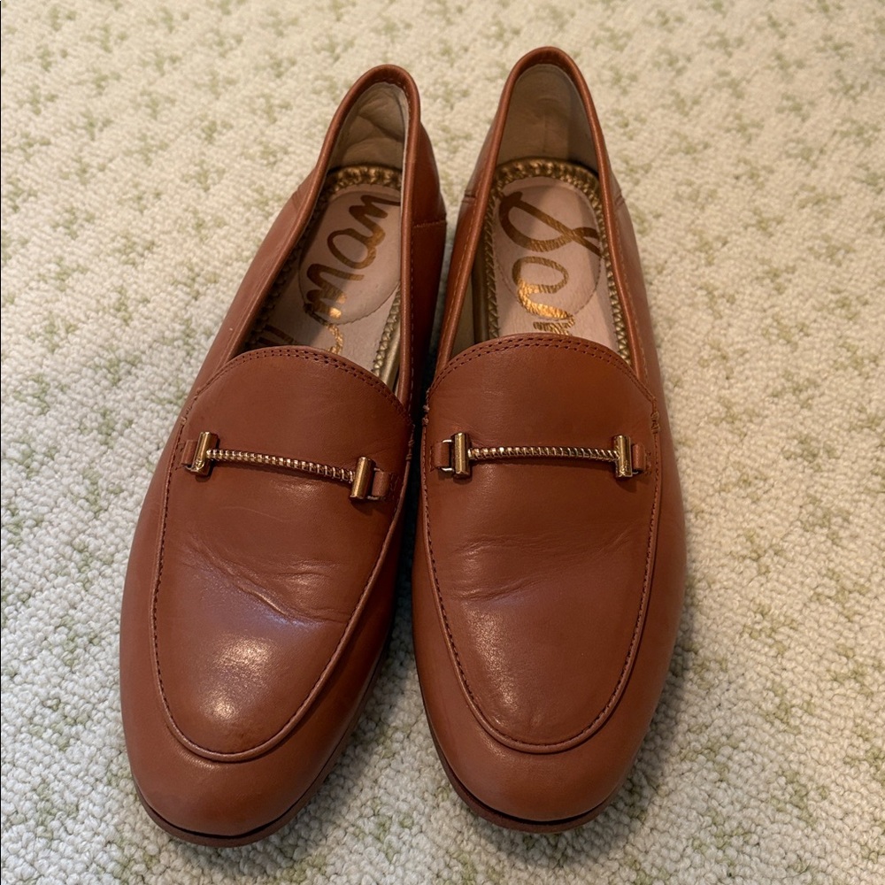 Sam Edelman Tan Leather Loafers with Gold Horsebit Detail